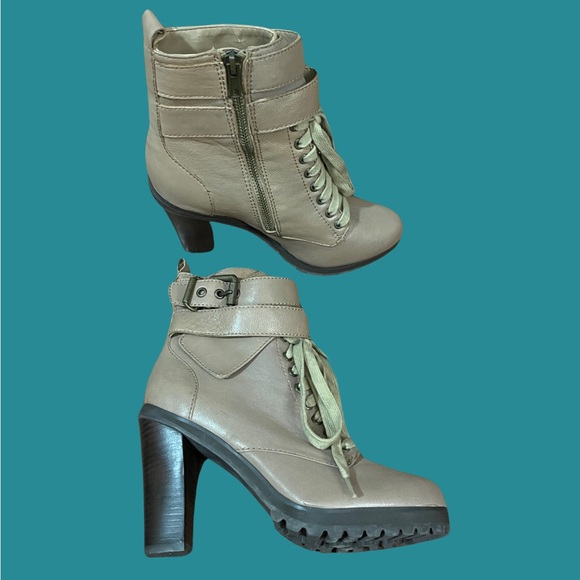 Kelsi Dagger Brown Taupe Lace Up Heeled Booties Size 6.5 leather EVA1 buckles - Picture 4 of 16